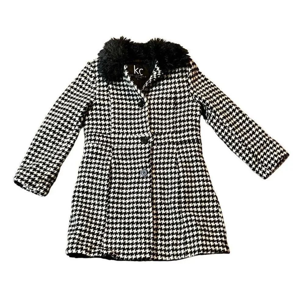 KC Collections Junior’s Large Houndstooth Black White Peacoat Faux Fur Collar